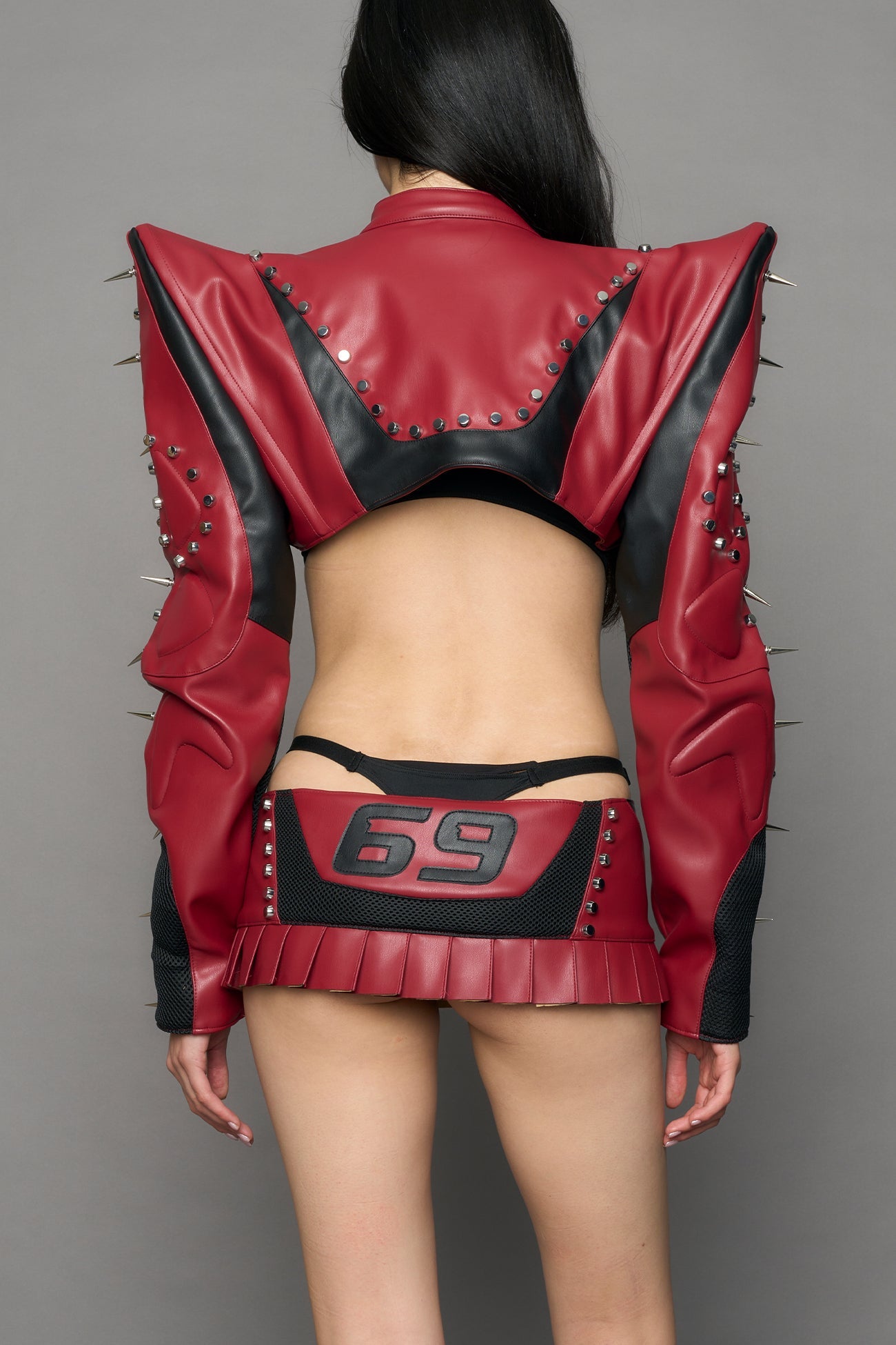 NAMILIA Studded Octane Moto Spike Bolero Jacket - red, xs