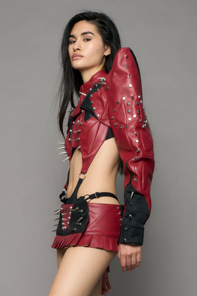 NAMILIA Studded Octane Moto Spike Bolero Jacket - red, xs