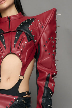 NAMILIA Studded Octane Moto Spike Bolero Jacket - red, xs