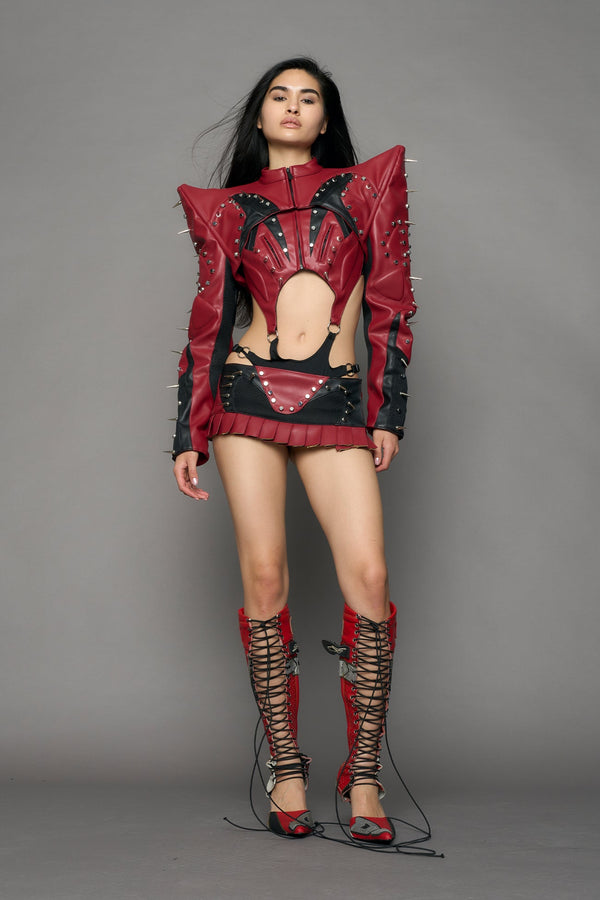 NAMILIA Studded Octane Moto Spike Bolero Jacket - red, xs - red