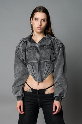 NAMILIA Sweat Corset Zip Hoodie - BLACK WASHED, xs