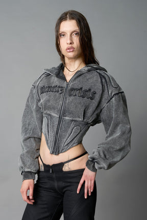 NAMILIA Sweat Corset Zip Hoodie - BLACK WASHED, xs
