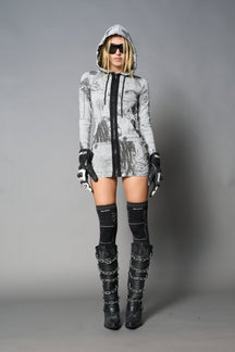 NAMILIA Totally Hooded Mini Dress - GREY-PRINT, xs
