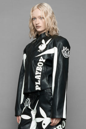 model wearing vegan leather NAMILIA x Playboy biker jacket with broad shoulder design