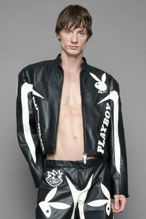 model wearing vegan leather NAMILIA x Playboy biker jacket with broad shoulder design