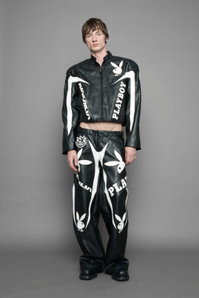 model wearing vegan leather NAMILIA x Playboy biker jacket with broad shoulder design