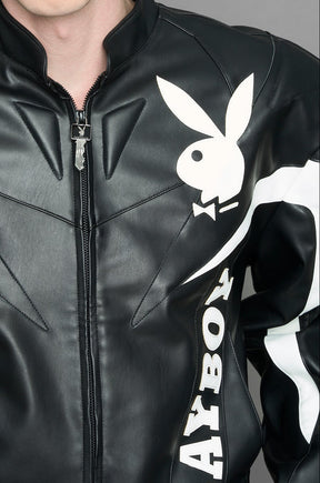 model wearing vegan leather NAMILIA x Playboy biker jacket with broad shoulder design