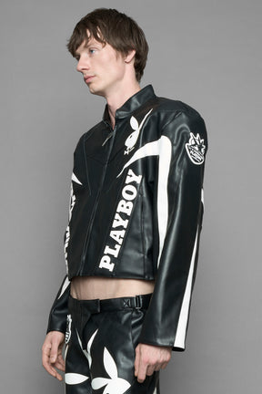 model wearing vegan leather NAMILIA x Playboy biker jacket with broad shoulder design