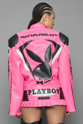 model wearing vegan leather NAMILIA x Playboy biker jacket with broad shoulder design