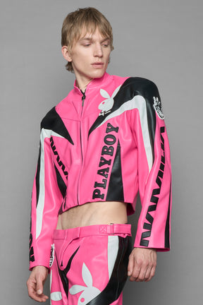 model wearing vegan leather NAMILIA x Playboy biker jacket with broad shoulder design