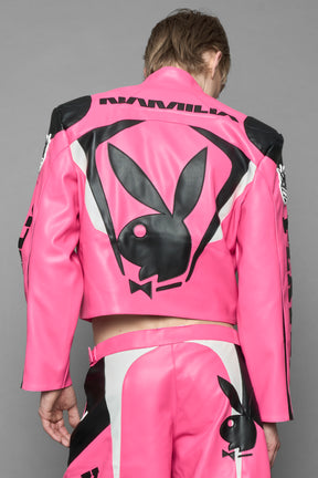 model wearing vegan leather NAMILIA x Playboy biker jacket with broad shoulder design