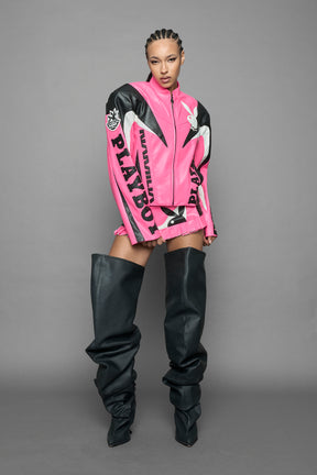 model wearing vegan leather NAMILIA x Playboy biker jacket with broad shoulder design
