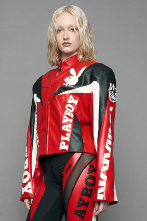 model wearing vegan leather NAMILIA x Playboy biker jacket with broad shoulder design