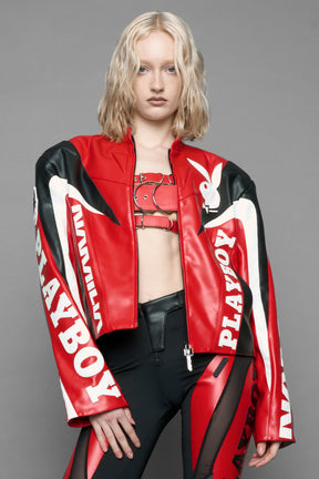 model wearing vegan leather NAMILIA x Playboy biker jacket with broad shoulder design