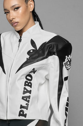 model wearing vegan leather NAMILIA x Playboy biker jacket with broad shoulder design