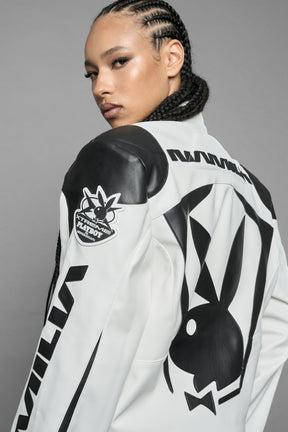model wearing vegan leather NAMILIA x Playboy biker jacket with broad shoulder design