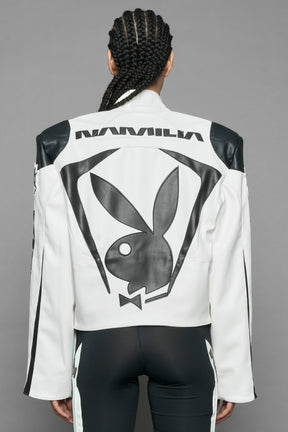 model wearing vegan leather NAMILIA x Playboy biker jacket with broad shoulder design