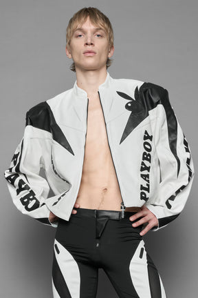 model wearing vegan leather NAMILIA x Playboy biker jacket with broad shoulder design