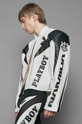 model wearing vegan leather NAMILIA x Playboy biker jacket with broad shoulder design