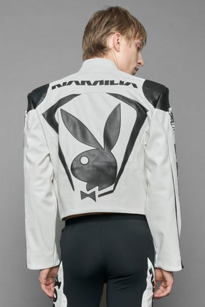 model wearing vegan leather NAMILIA x Playboy biker jacket with broad shoulder design