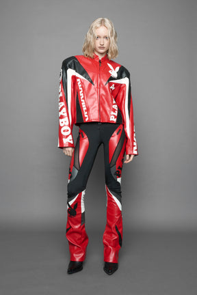 model wearing vegan leather NAMILIA x Playboy biker jacket with broad shoulder design