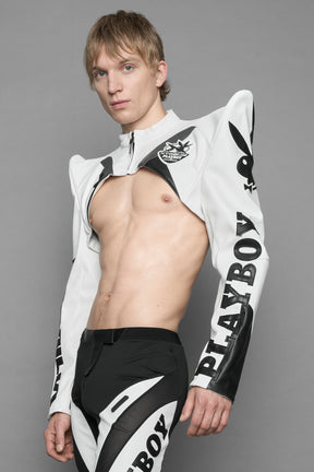 model wearing white vegan leather NAMILIA x PLAYBOY crop bolero jacket with sharp shoulder design 