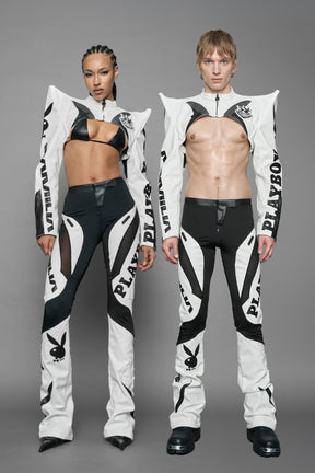 model wearing white vegan leather NAMILIA x PLAYBOY crop bolero jacket with sharp shoulder design 