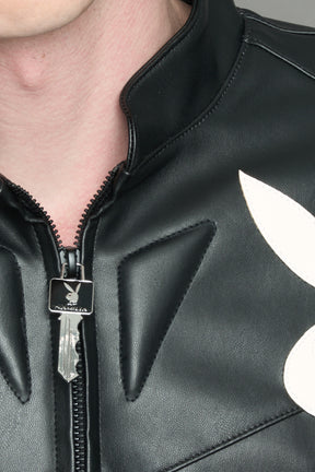 model wearing vegan leather NAMILIA x Playboy biker jacket with broad shoulder design