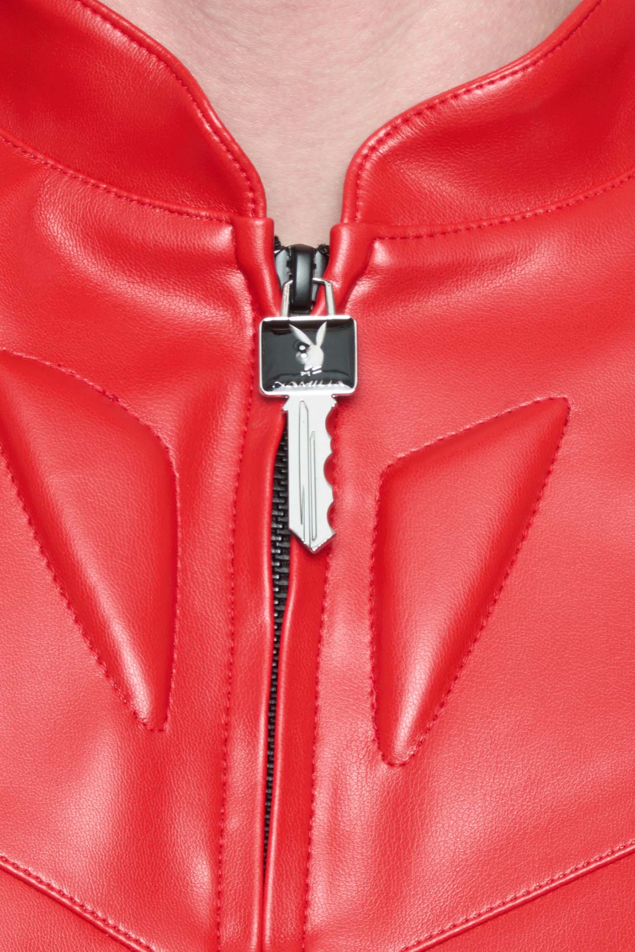model wearing vegan leather NAMILIA x Playboy biker jacket with broad shoulder design