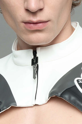 model wearing black white vegan leather NAMILIA x PLAYBOY crop bolero jacket with sharp shoulder design 